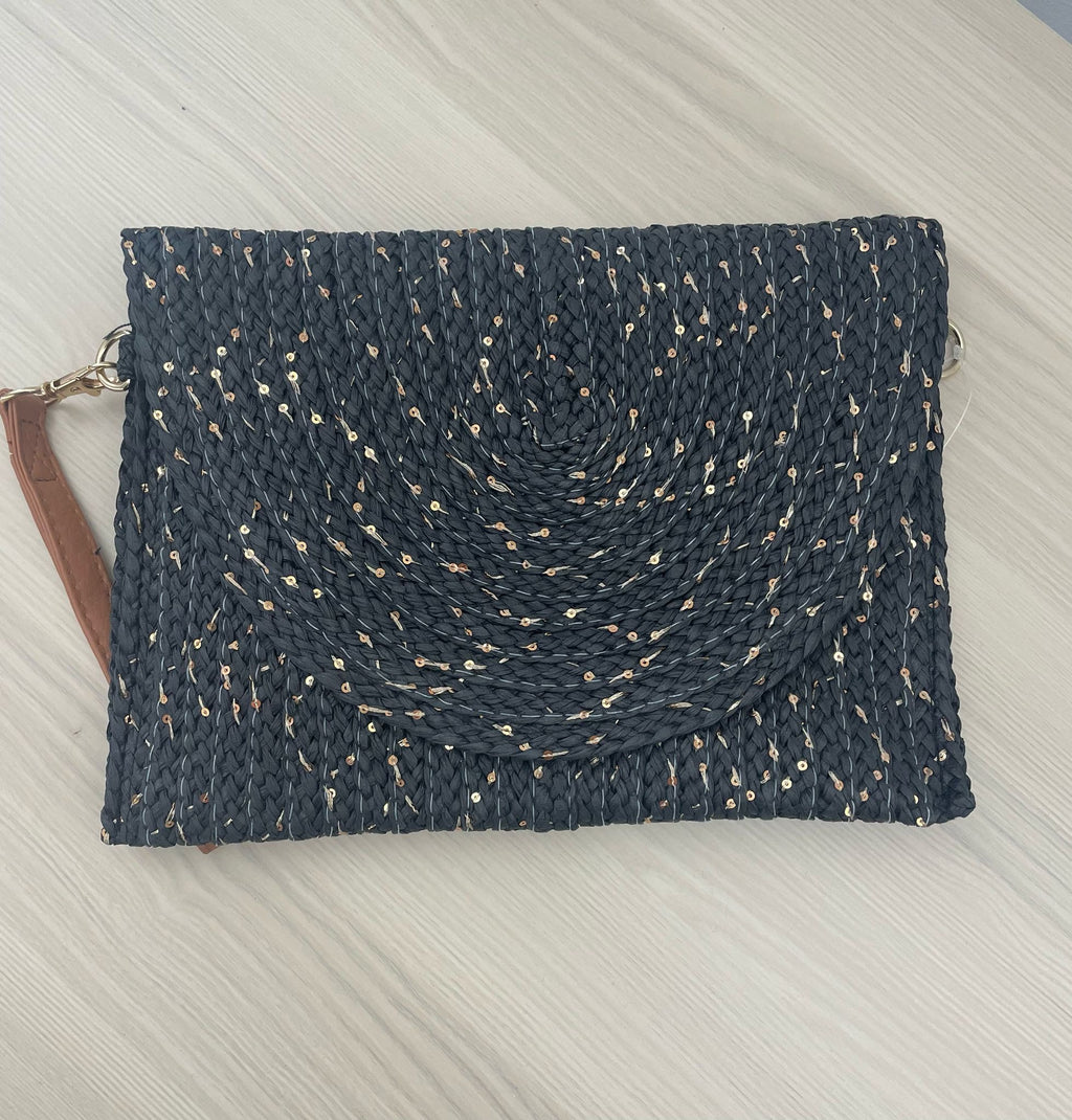 Black Sequin Raffia Clutch